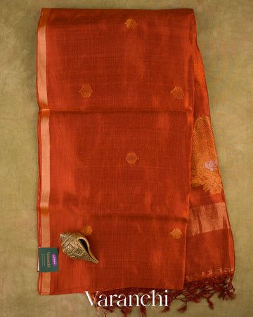 Rust Orange Jamdani Pure Mulberry Silk Handloom Saree — Full Saree