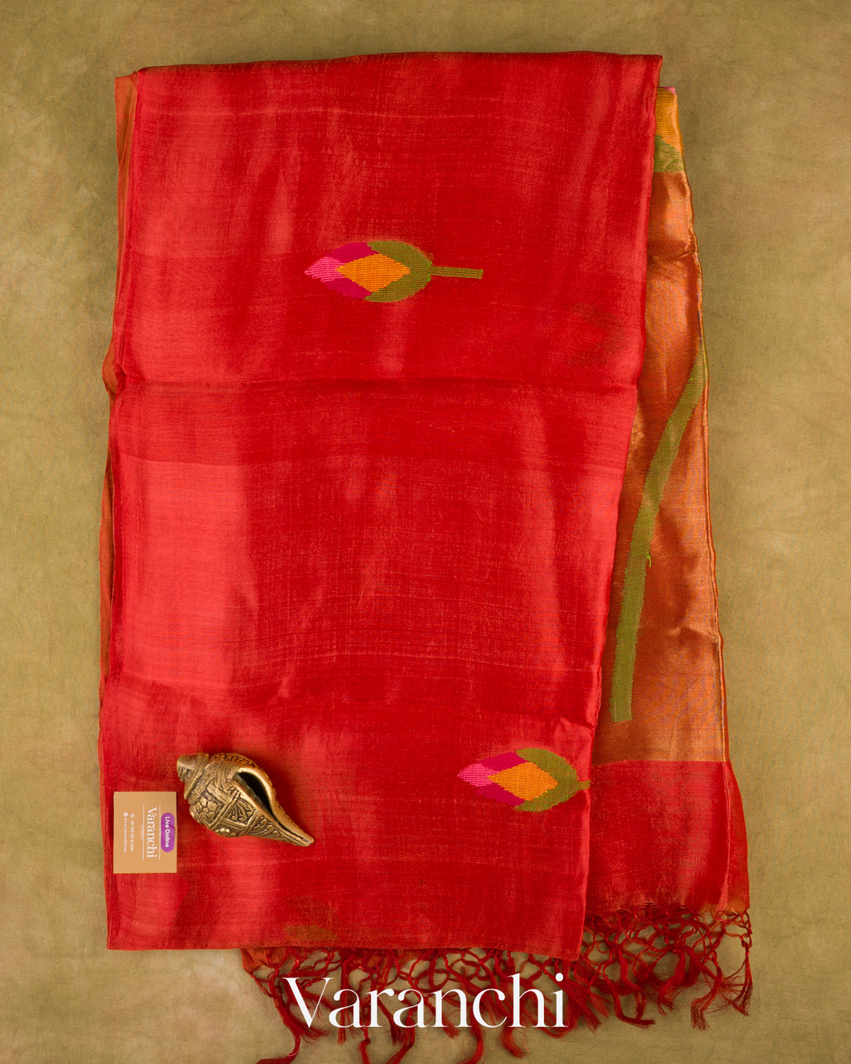 Tomato Red Jamdani Pure Mulberry Silk Handloom Saree — Full Saree