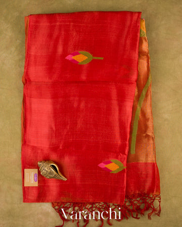 Tomato Red Jamdani Pure Mulberry Silk Handloom Saree — Full Saree