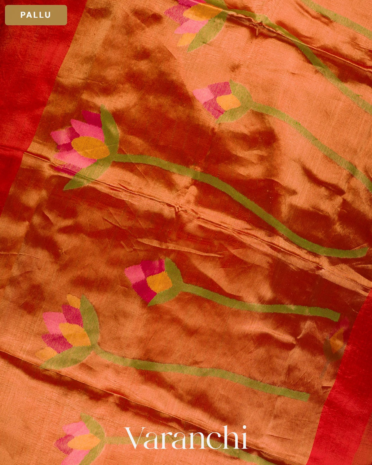 Tomato Red Jamdani Pure Mulberry Silk Handloom Saree — Pallu