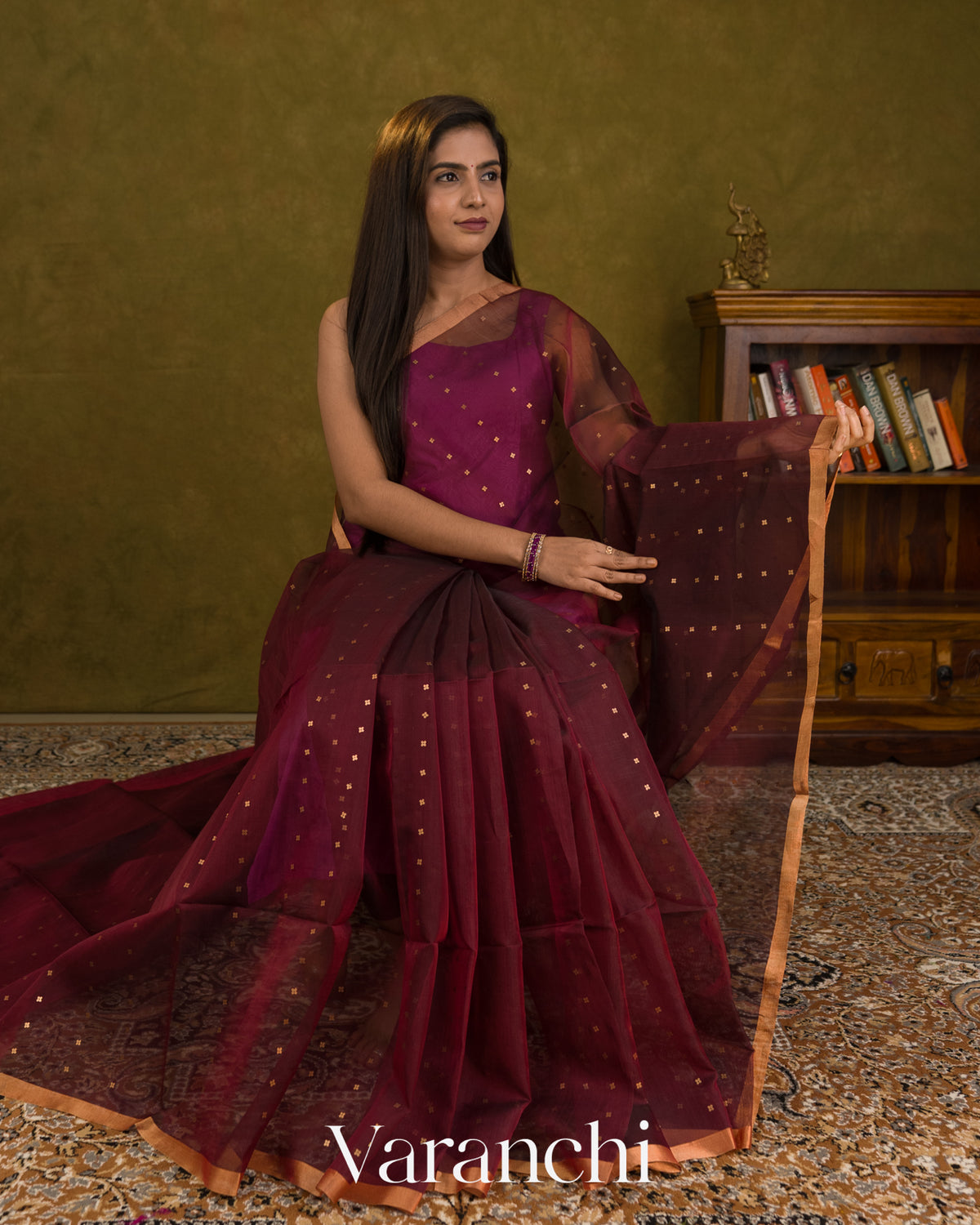Burgundy Sequin Jamdani Paithani Pallu Pure Muslin Silk Handloom Saree — Draped