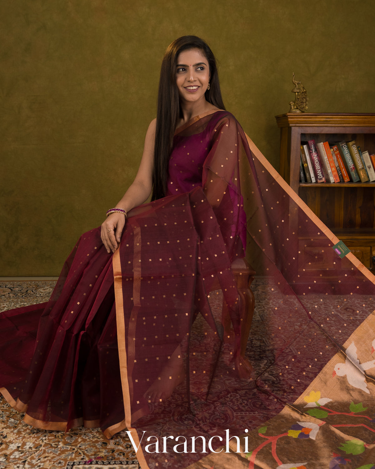 Burgundy Sequin Jamdani Paithani Pallu Pure Muslin Silk Handloom Saree — Draped