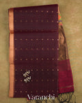 Burgundy Sequin Jamdani Paithani Pallu Pure Muslin Silk Handloom Saree — Folded