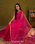 Rani Pink Sequin with Jamdani Paithani Pallu Pure Muslin Silk Handloom Saree — Draped