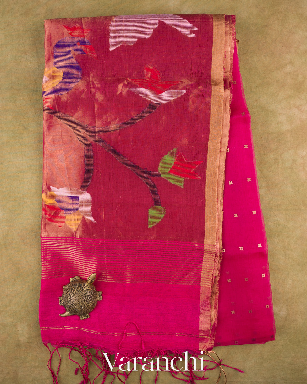 Rani Pink Sequin with Jamdani Paithani Pallu Pure Muslin Silk Handloom Saree — Full Saree