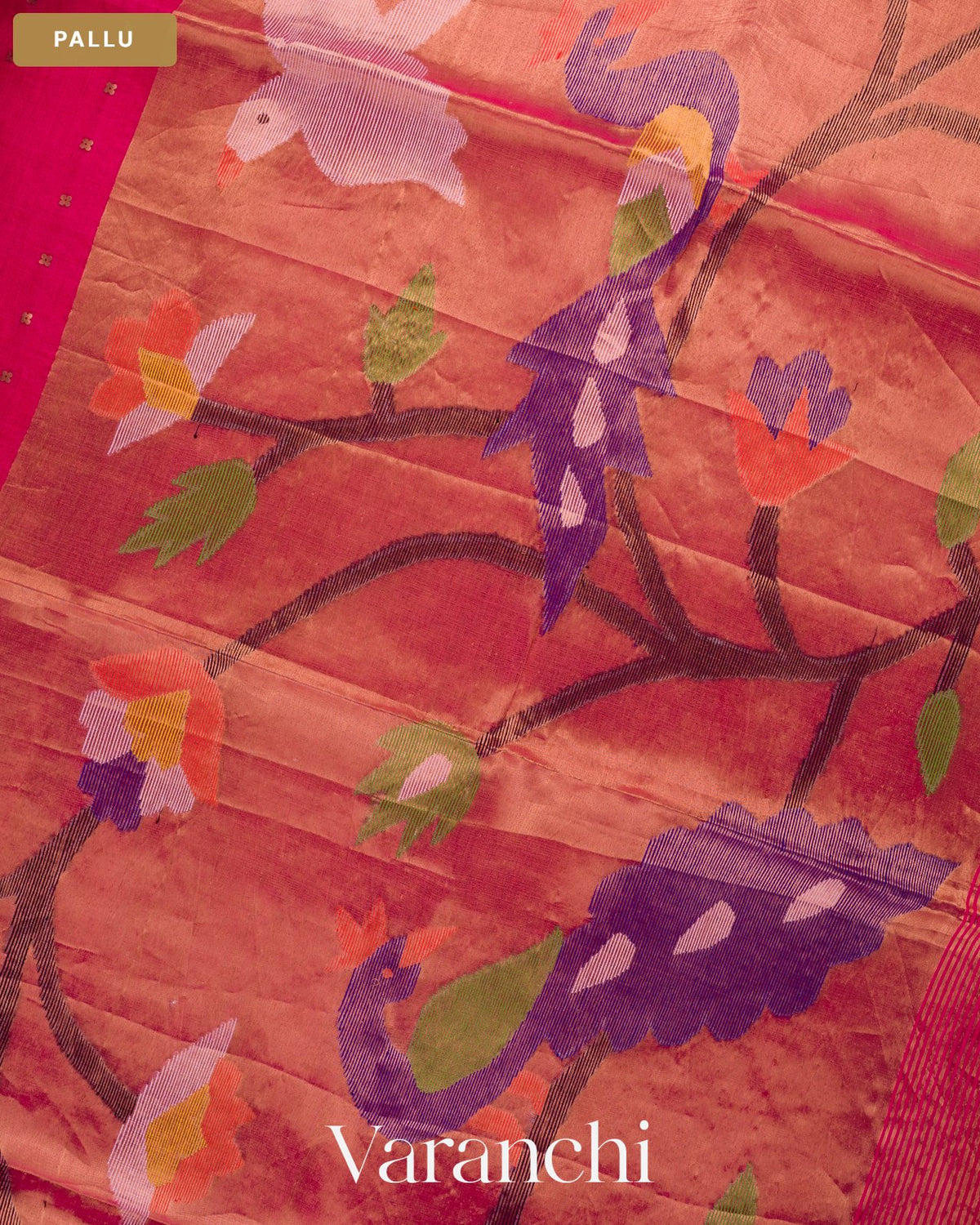 Rani Pink Sequin with Jamdani Paithani Pallu Pure Muslin Silk Handloom Saree — Pallu