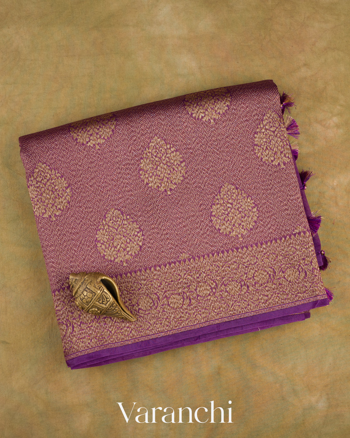 Purple Brocade Pure Tissue Kora Silk Saree — Folded