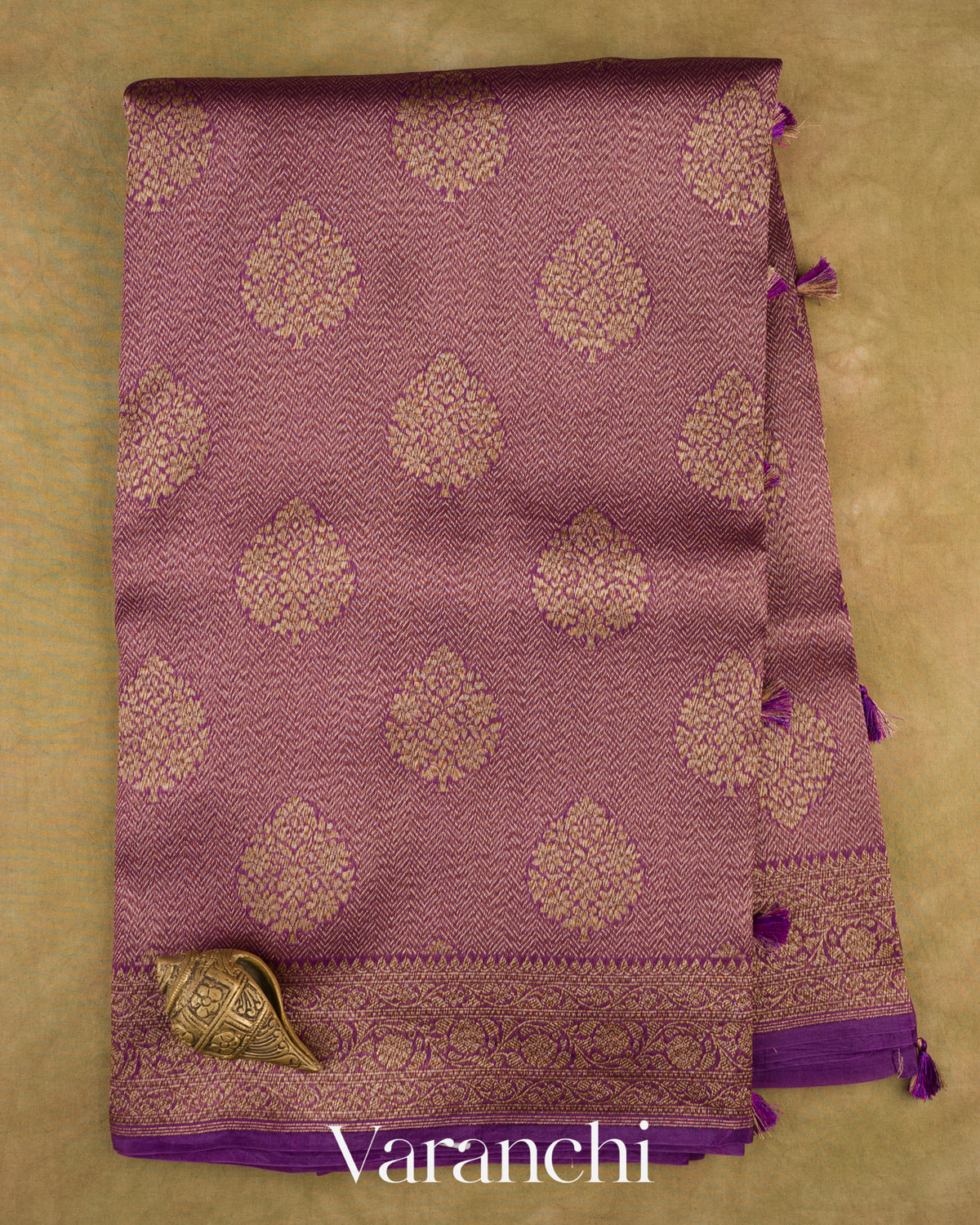 Purple Brocade Pure Tissue Kora Silk Saree — Full Saree