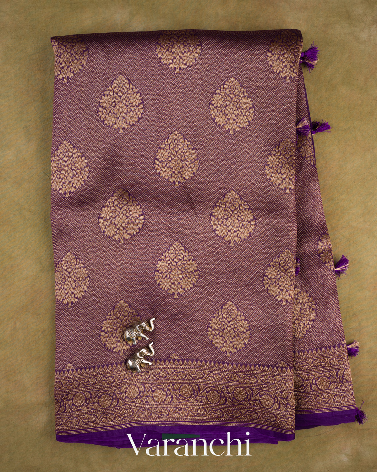 Violet Brocade Pure Tissue Kora Silk Saree — Full Saree