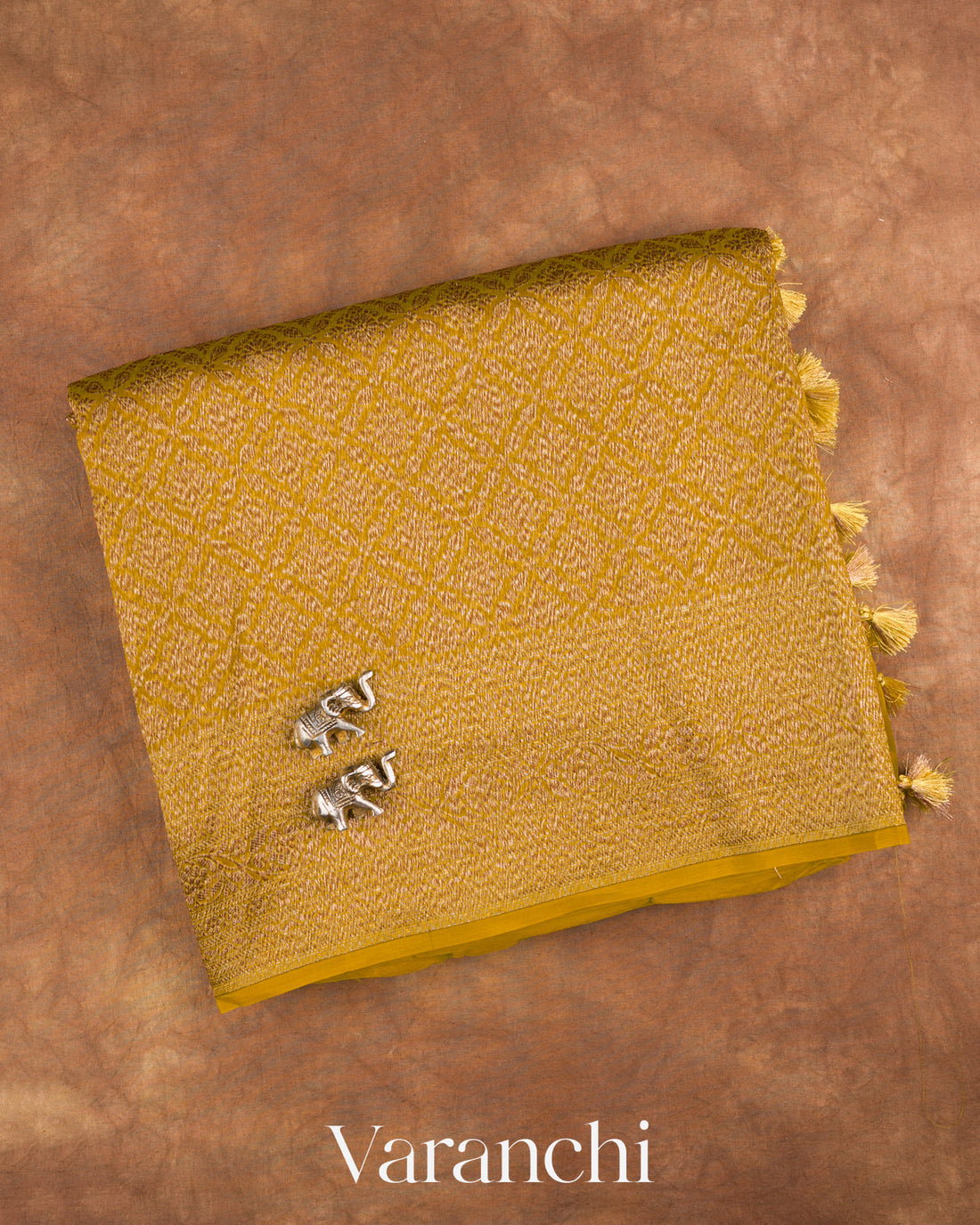 Olive Green Brocade Pure Kora Silk Saree — Folded