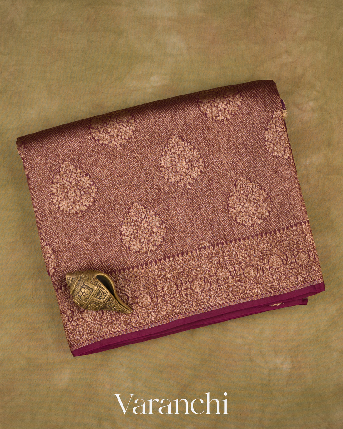 Deep Maroon Brocade Pure Kora Silk Saree — Folded