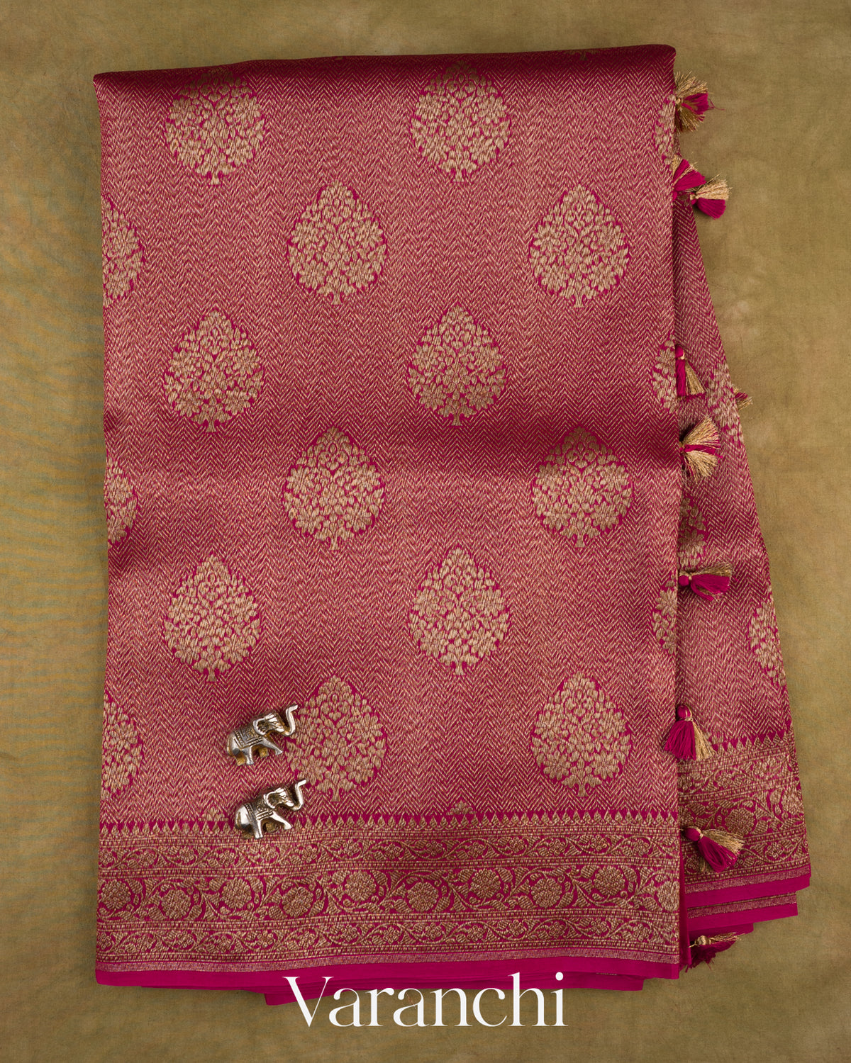 Rani Pink Brocade Pure Kora Silk Saree — Full Saree