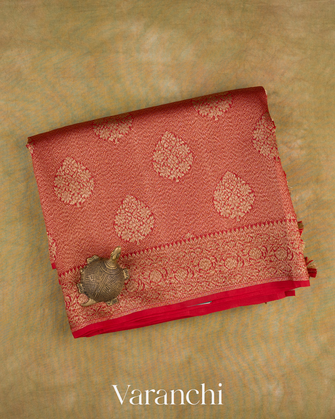 Crimson Red Brocade Pure Kora Silk Saree — Folded