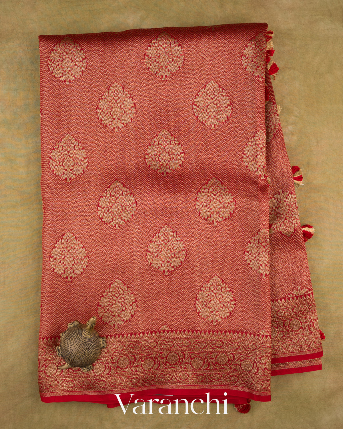 Crimson Red Brocade Pure Kora Silk Saree — Full Saree