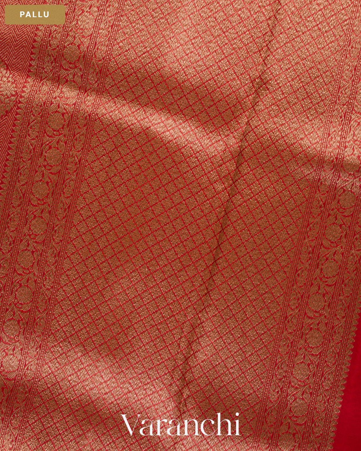 Crimson Red Brocade Pure Kora Silk Saree — Pallu