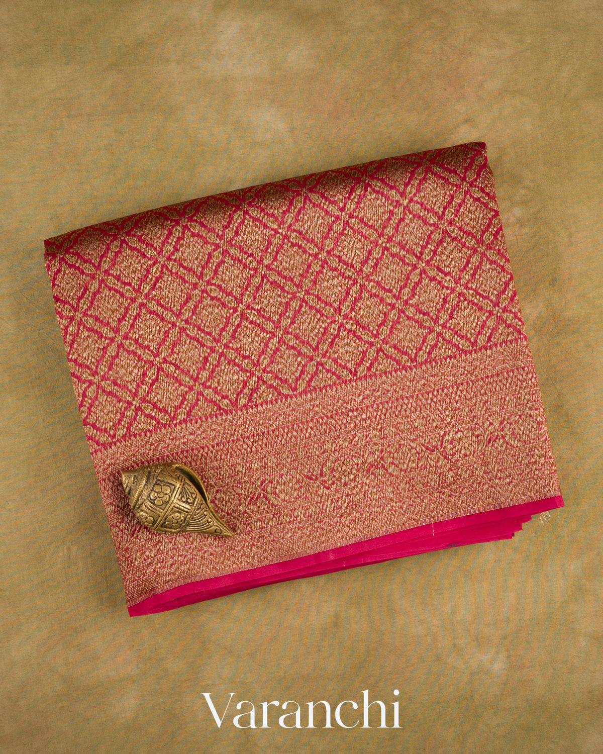 Magenta Pink Brocade Pure Kora Silk Saree — Folded