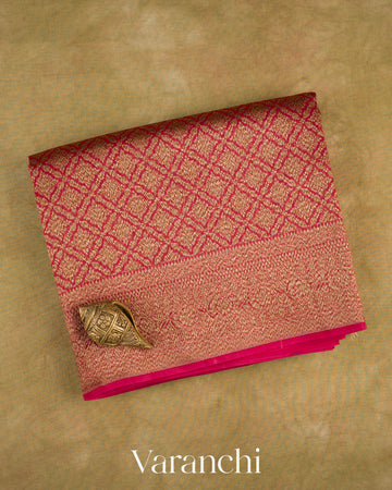 Magenta Pink Brocade Pure Kora Silk Saree — Folded