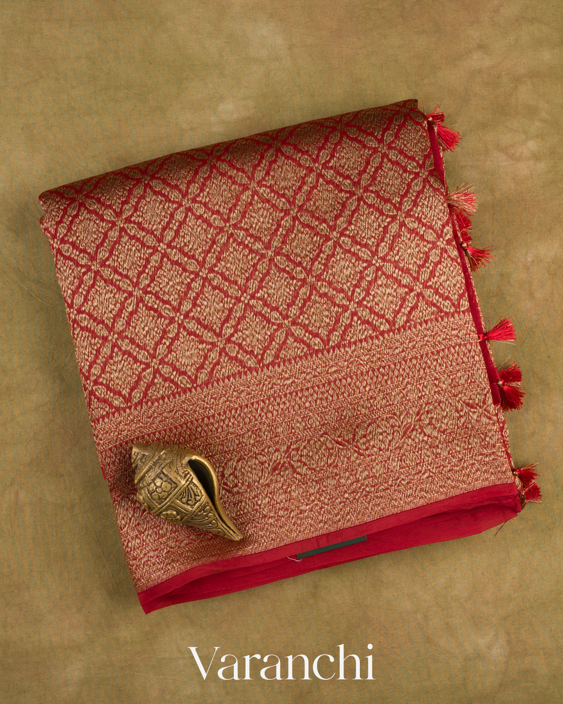 Maroon Red Brocade Pure Tissue Kora Silk Saree — Folded