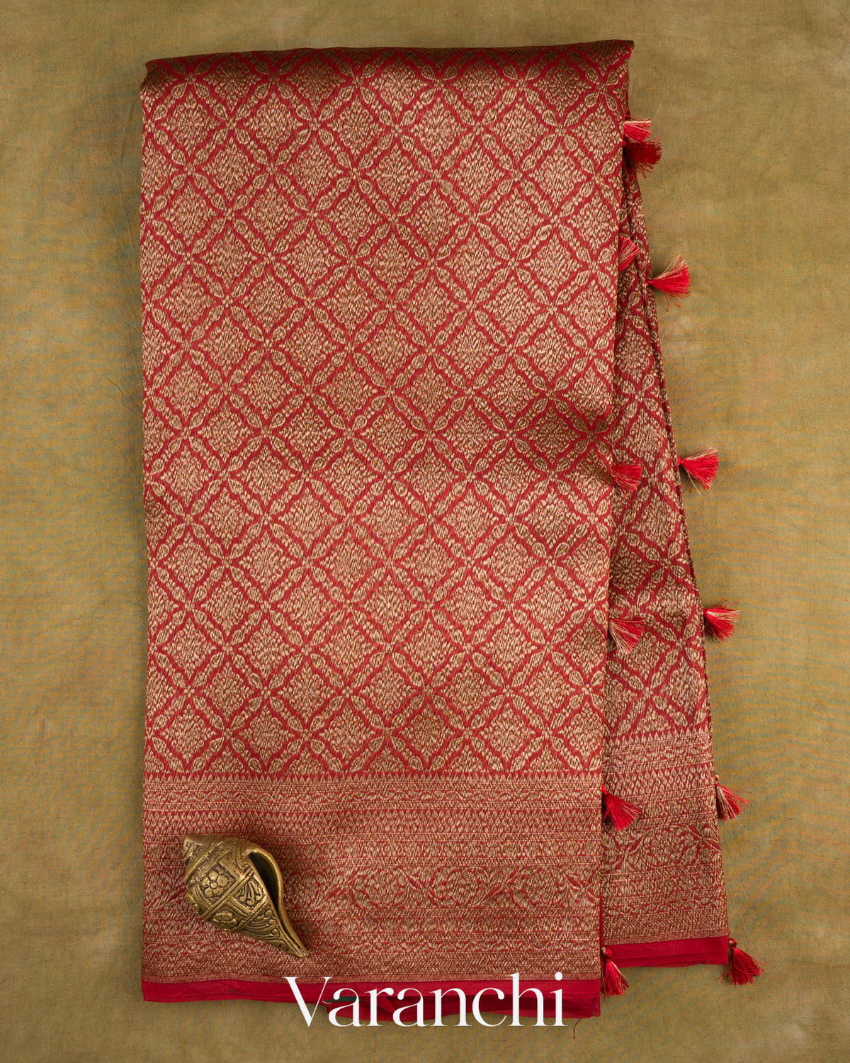 Maroon Red Brocade Pure Tissue Kora Silk Saree — Full Saree
