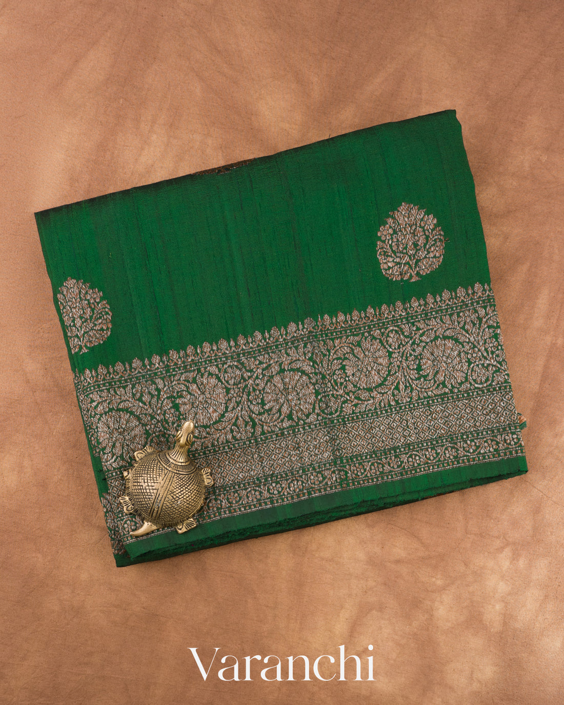 Bottle Green Pure Raw Silk Handloom Saree — Folded