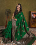 Bottle Green Pure Raw Silk Handloom Saree — Draped