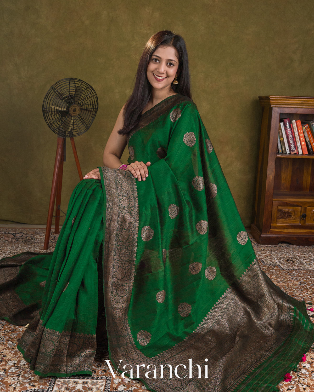 Bottle Green Pure Raw Silk Handloom Saree — Draped