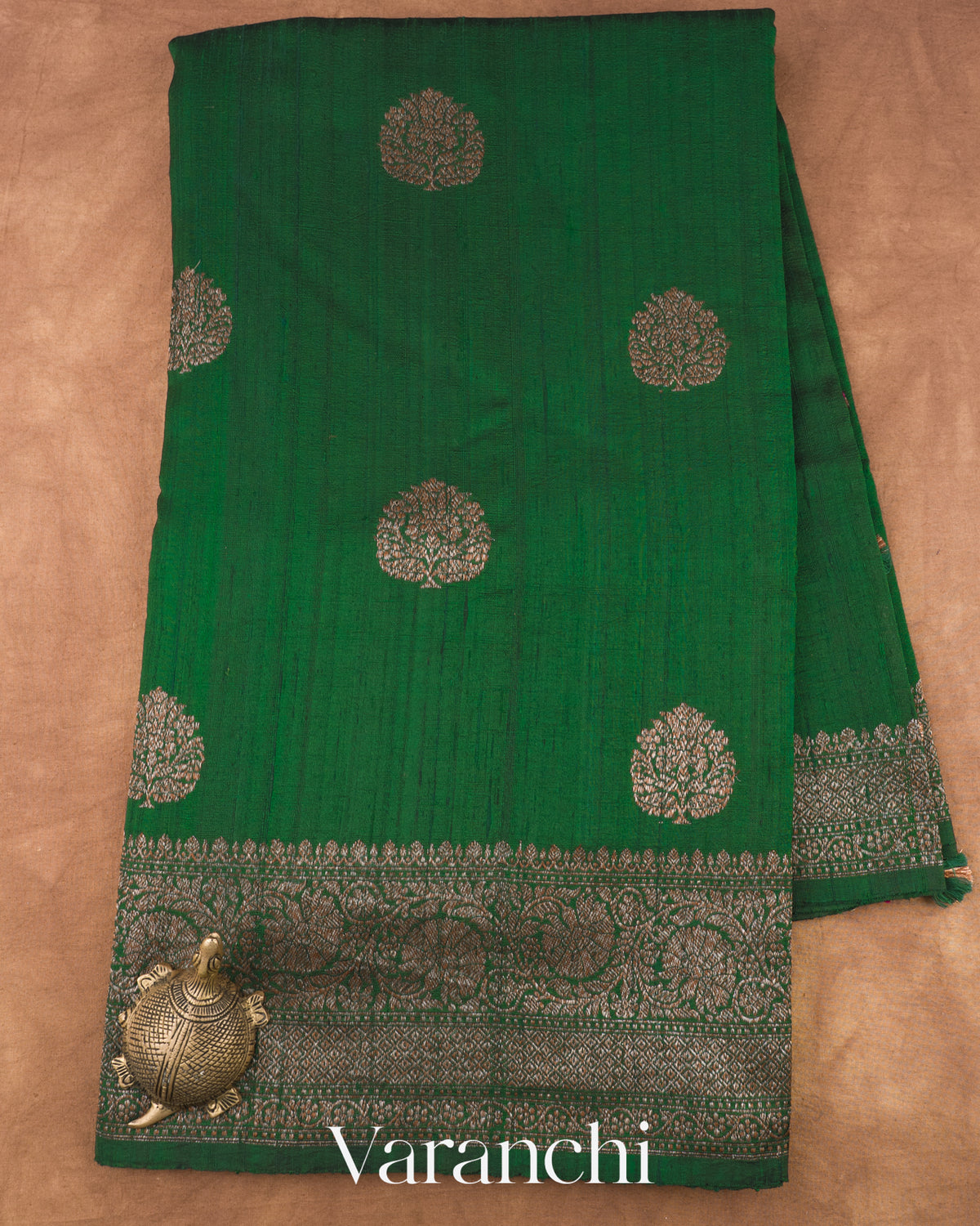 Bottle Green Pure Raw Silk Handloom Saree — Full Saree