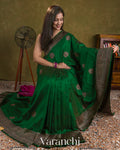 Bottle Green Pure Raw Silk Handloom Saree — Draped