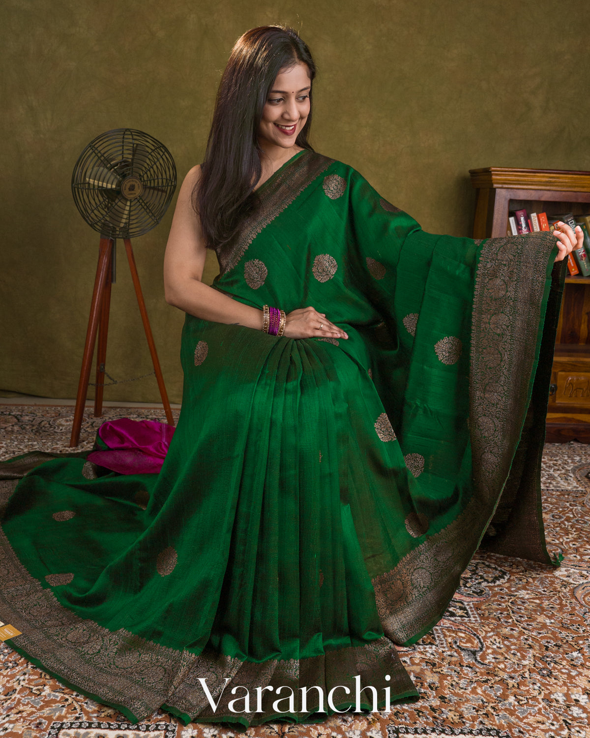 Bottle Green Pure Raw Silk Handloom Saree — Draped