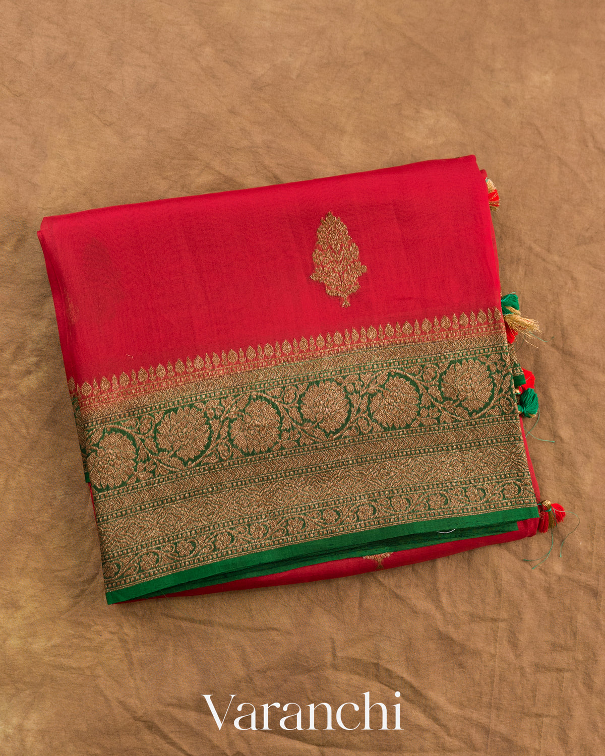 Ruby Red Pure Kora Silk Handloom Saree — Folded