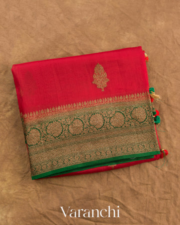 Ruby Red Pure Kora Silk Handloom Saree — Folded
