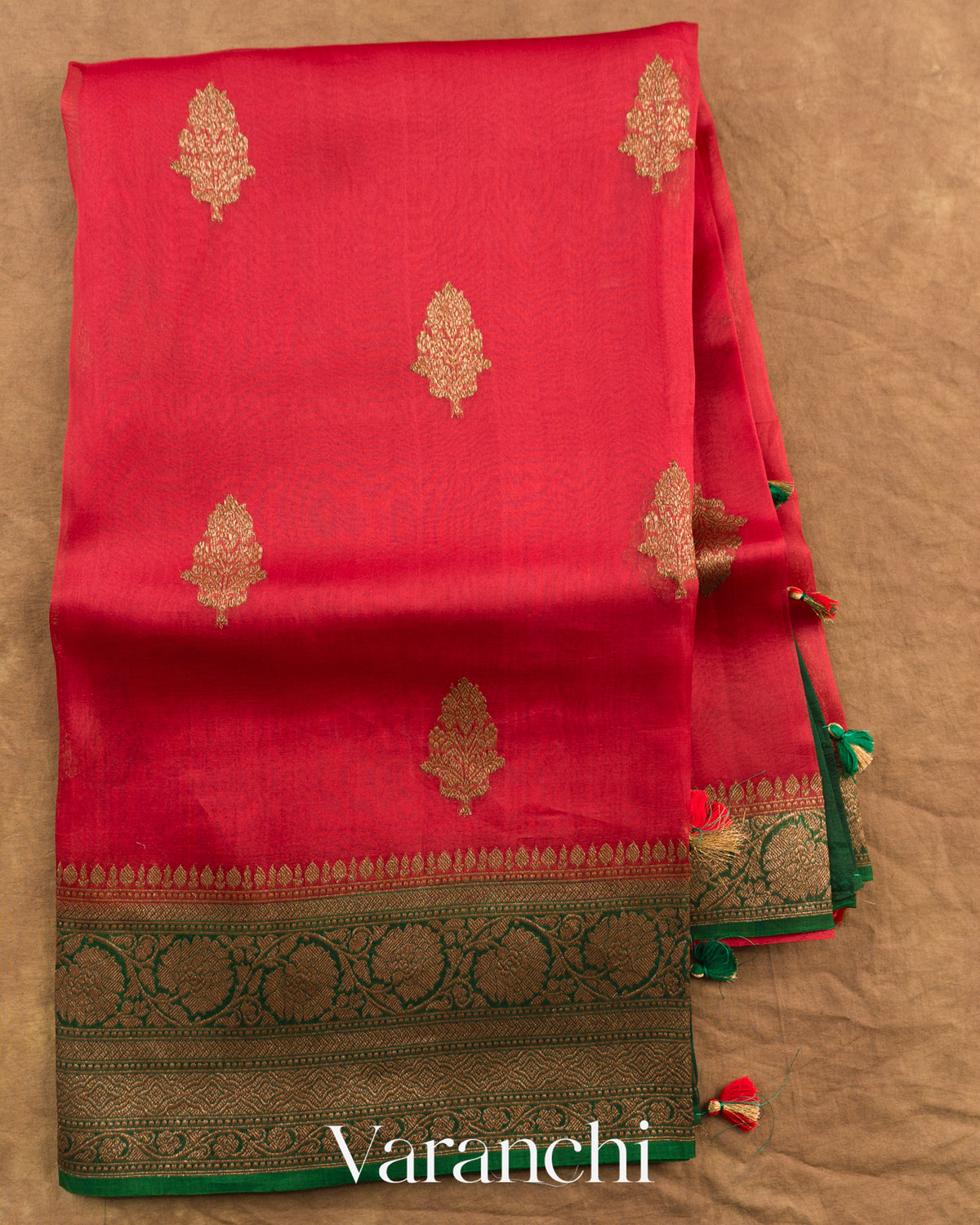 Ruby Red Pure Kora Silk Handloom Saree — Full Saree