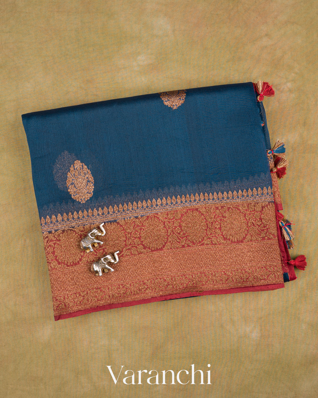 Navy Blue Pure Kora Silk Handloom Saree — Folded