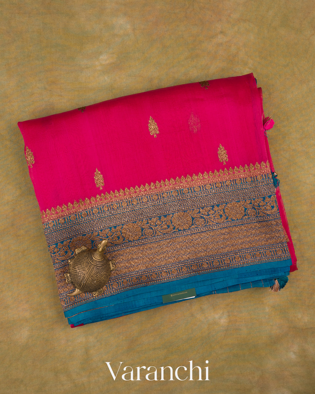 Rani Pink Pure Kora Silk Handloom Saree — Folded