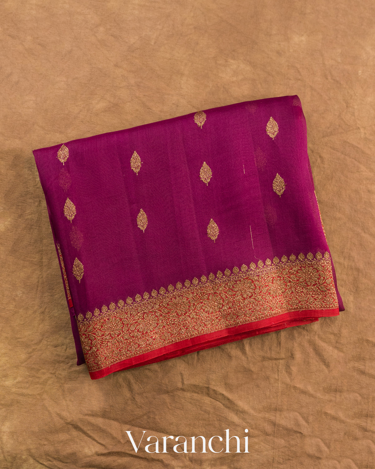 Wine Pure Kora Silk Handloom Saree — Folded