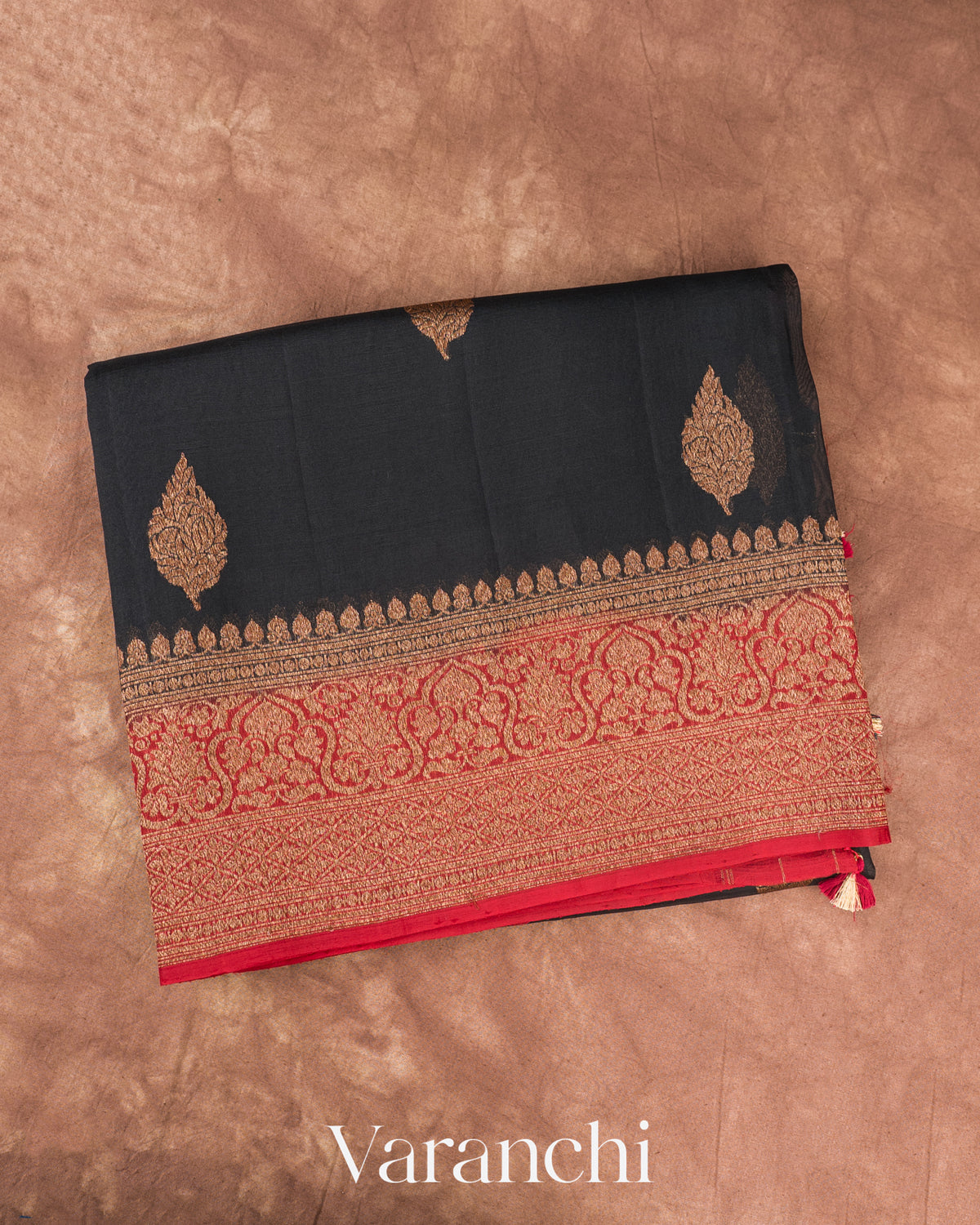 Black Pure Kora Silk Handloom Saree — Folded