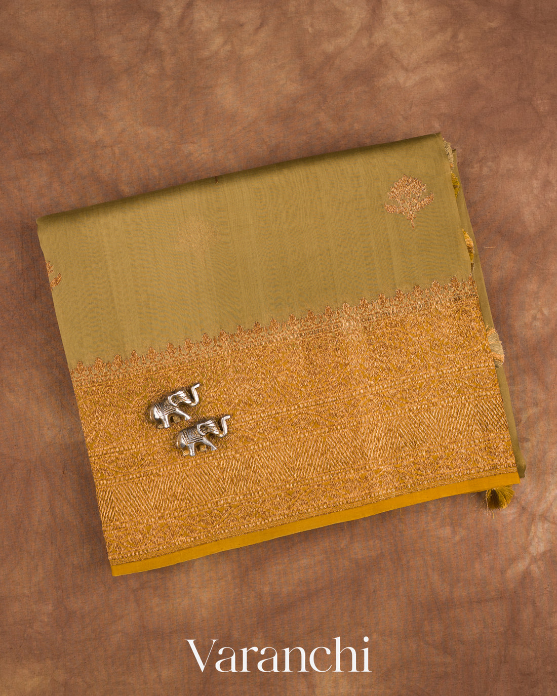 Sage Green Pure Kora Silk Handloom Saree — Folded