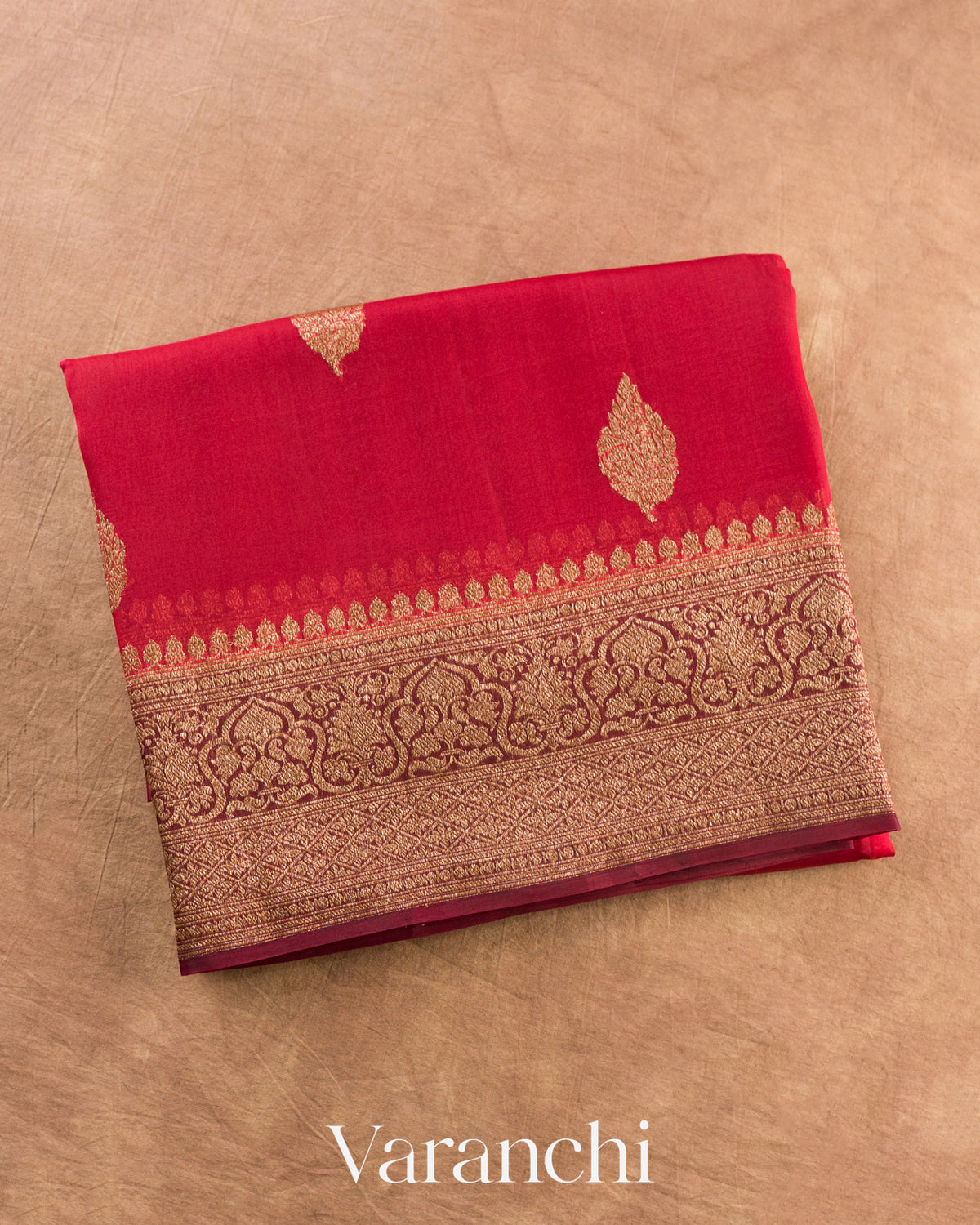 Ruby Red Pure Kora Silk Handloom Saree — Folded