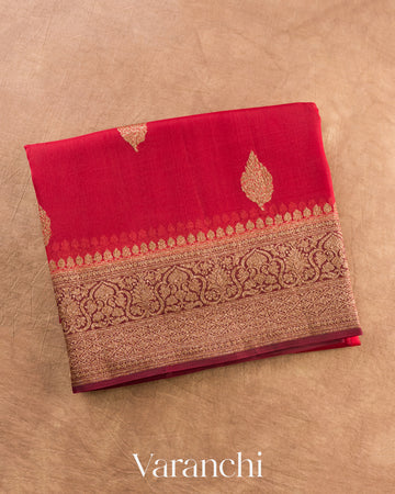 Ruby Red Pure Kora Silk Handloom Saree — Folded