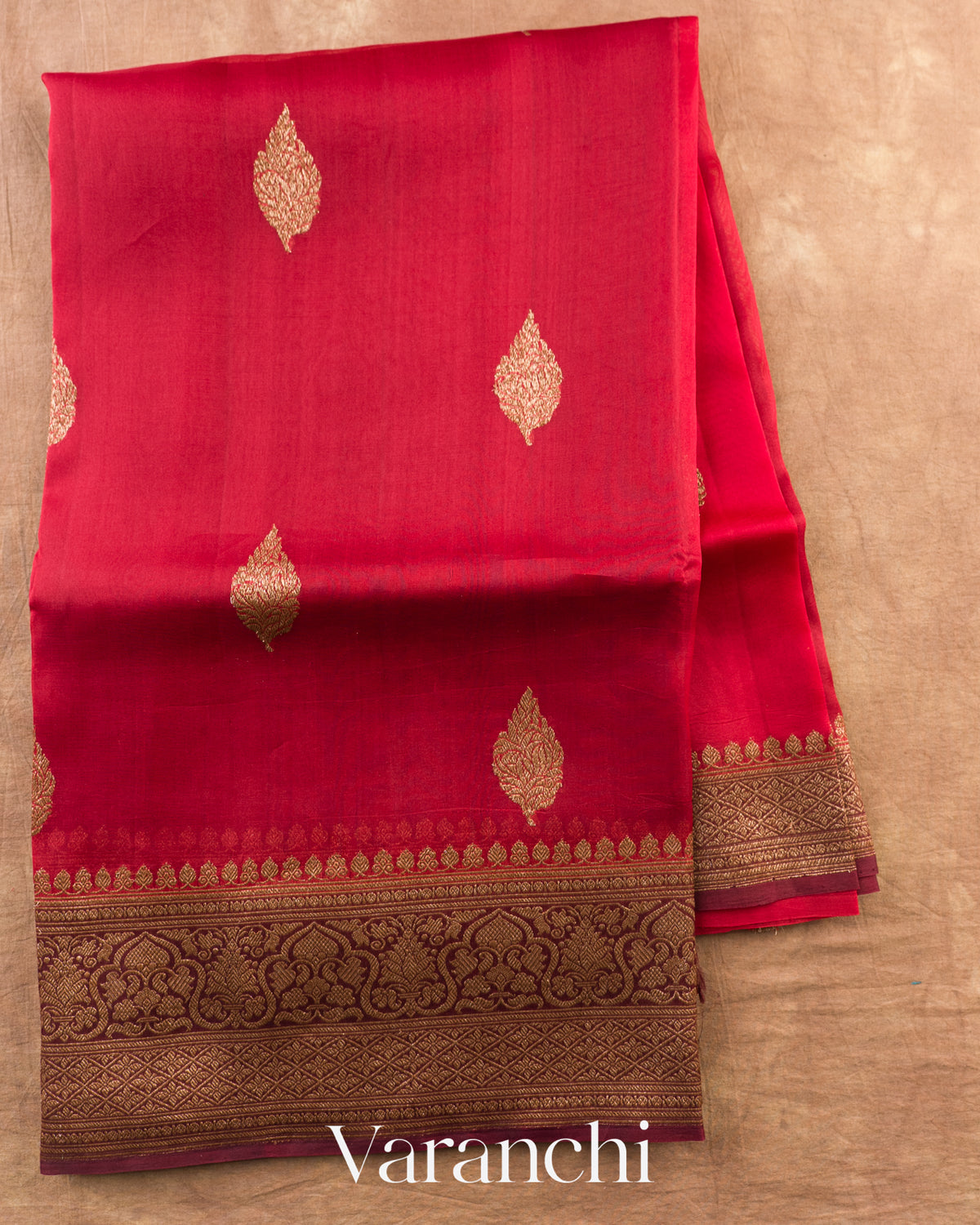 Ruby Red Pure Kora Silk Handloom Saree — Full Saree
