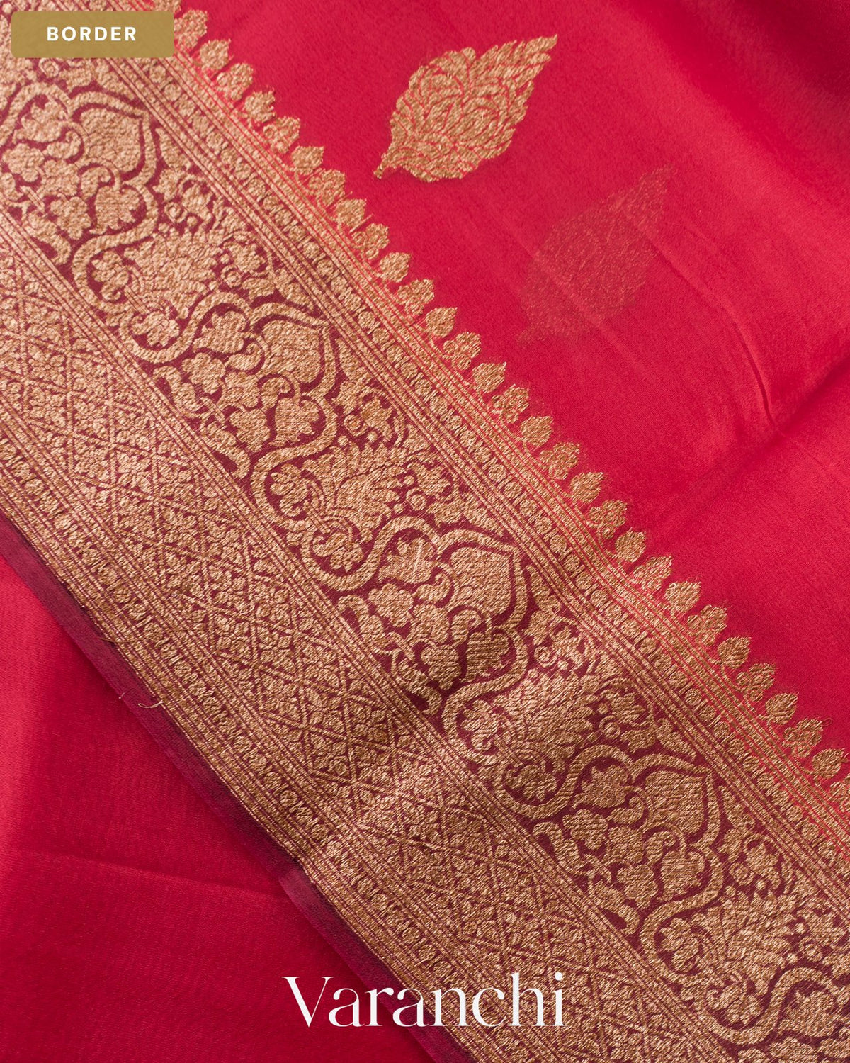 Ruby Red Pure Kora Silk Handloom Saree — Border