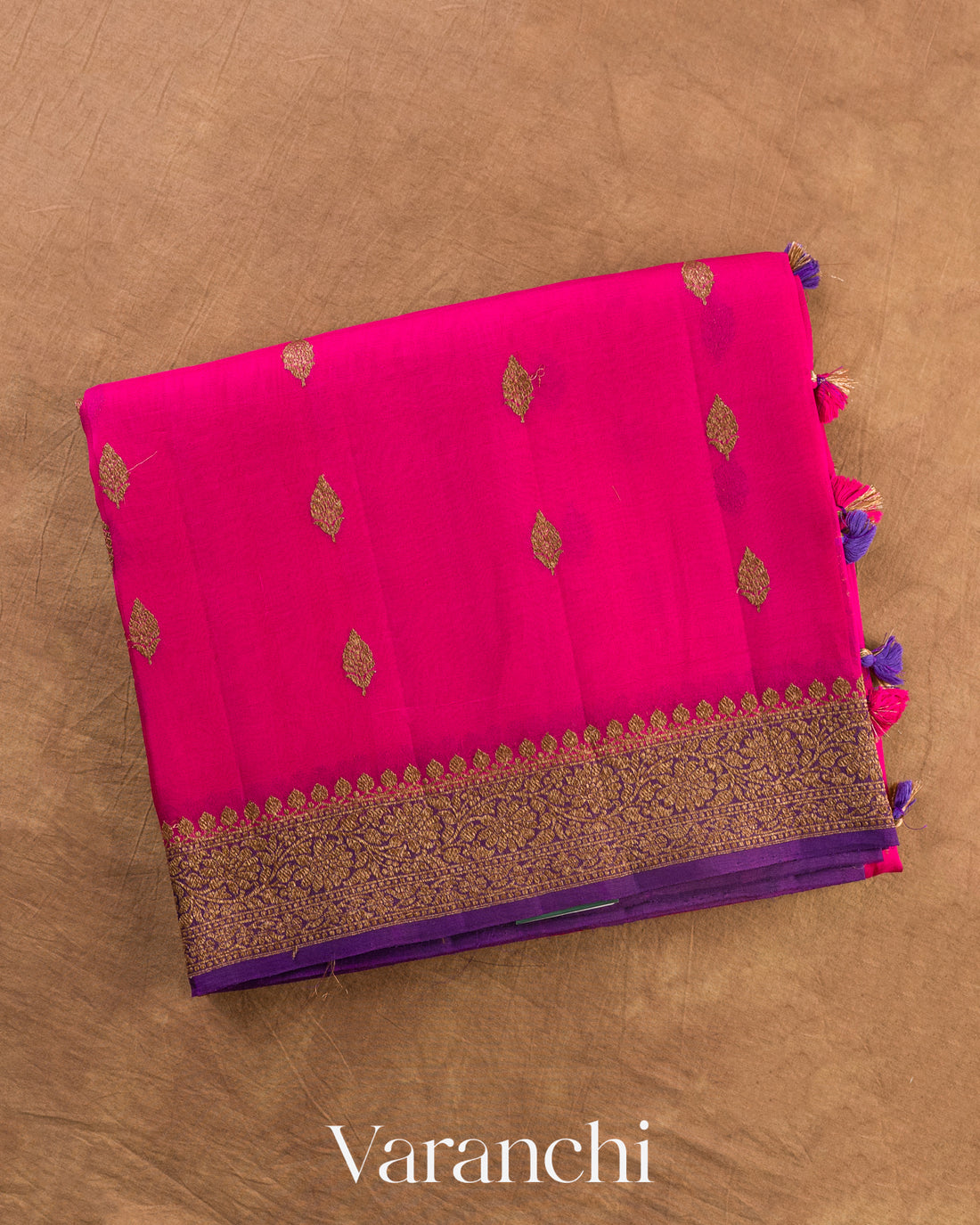 Rani Pink Pure Kora Silk Handloom Saree — Folded