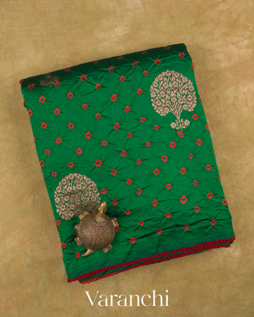 Bottle Green Bandhani Pure Chiniya Silk Saree — Folded