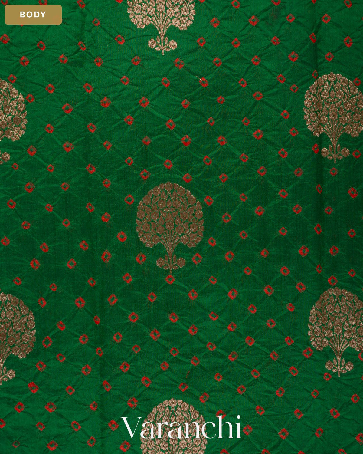 Bottle Green Bandhani Pure Chiniya Silk Saree — Body