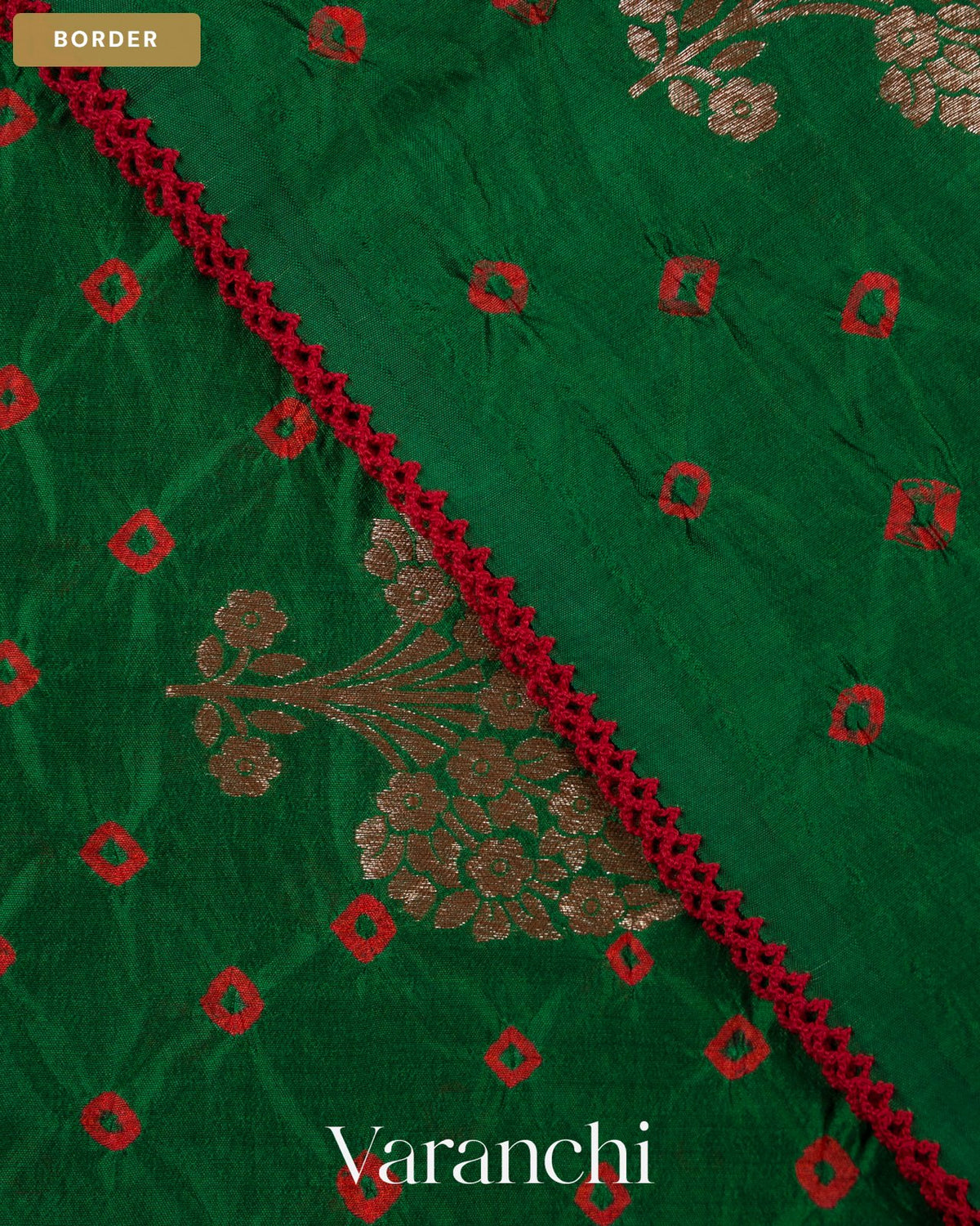Bottle Green Bandhani Pure Chiniya Silk Saree — Border
