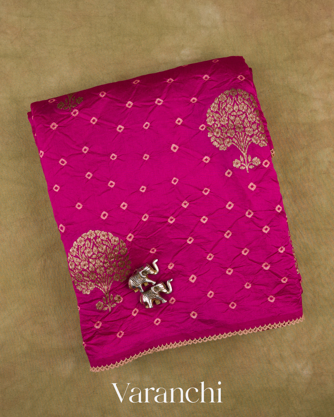 Rani Pink Bandhani Pure Chiniya Silk Saree — Folded