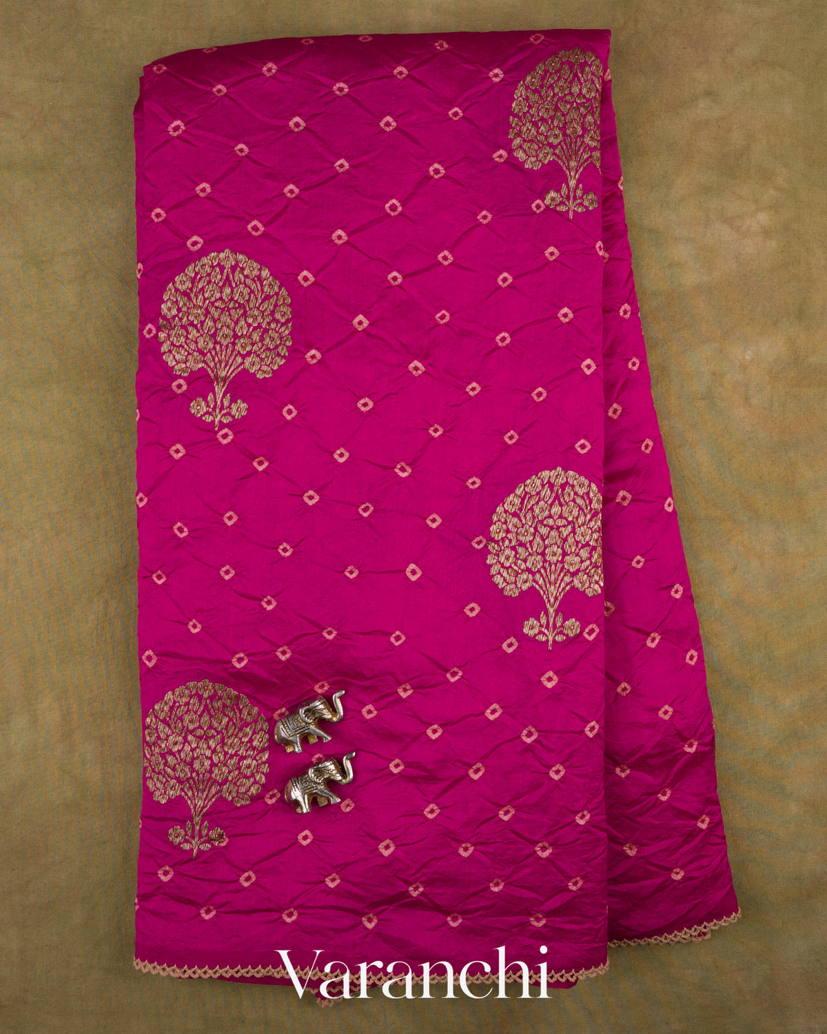 Rani Pink Bandhani Pure Chiniya Silk Saree — Full Saree