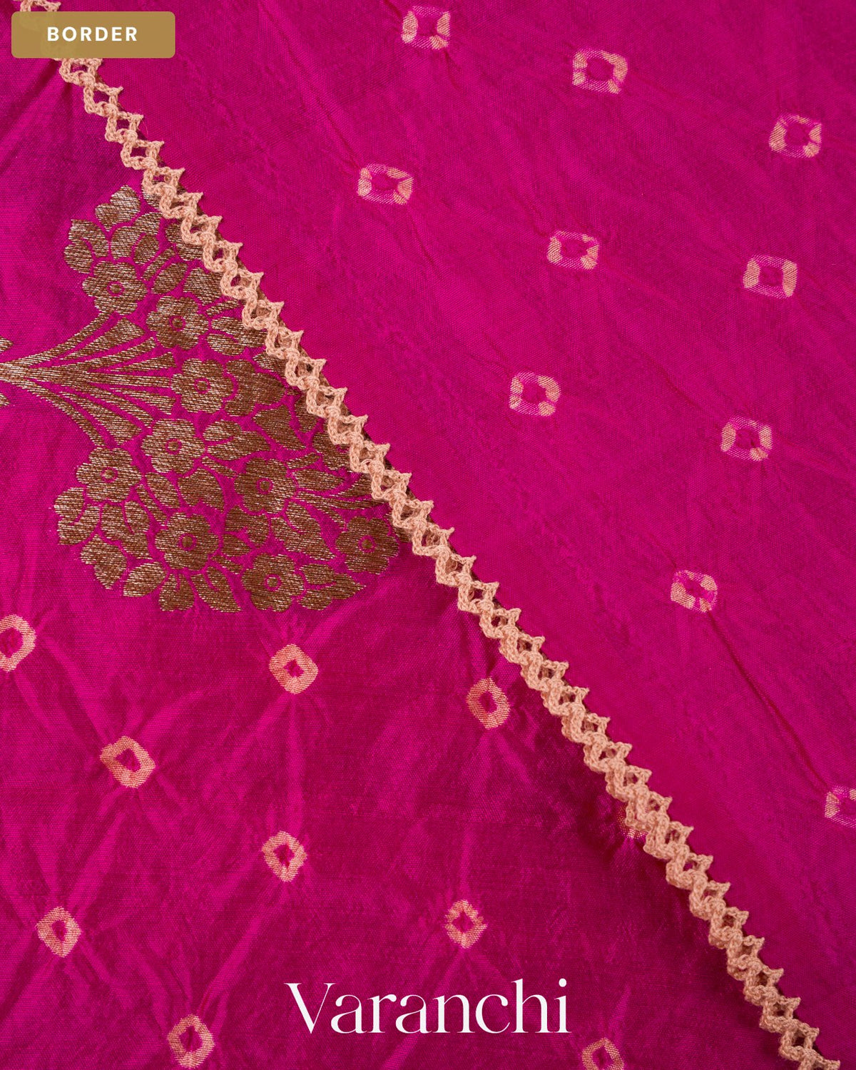 Rani Pink Bandhani Pure Chiniya Silk Saree — Border