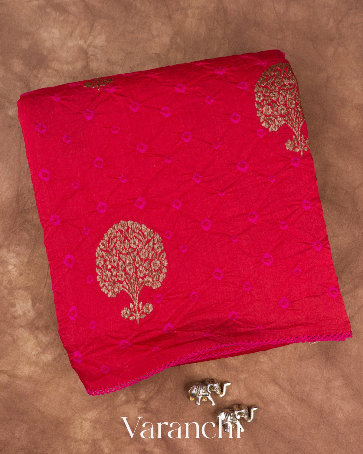 Tomato Red Bandhani Pure Chiniya Silk Saree — Folded