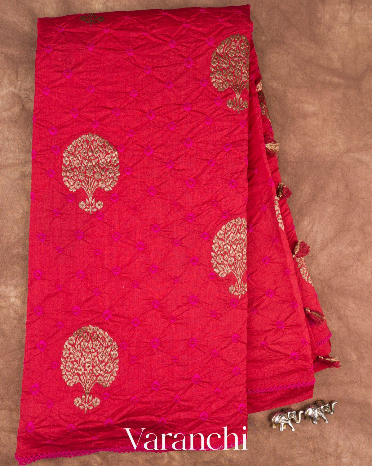 Tomato Red Bandhani Pure Chiniya Silk Saree — Full Saree